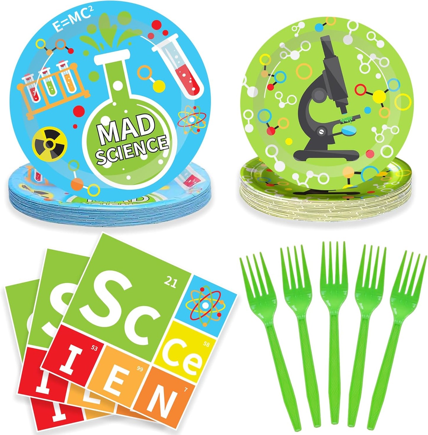 Science Party Supplies (100 pcs) Science Party Plates, Science Birthday Napkins, Science Paper Plates Napkins for Chemistry Party, Forks, Mad Scientist Themed Birthday Lab Party Decorations, 25 Serves
