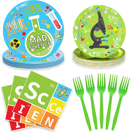 Science Party Supplies (100 pcs) Science Party Plates, Science Birthday Napkins, Science Paper Plates Napkins for Chemistry Party, Forks, Mad Scientist Themed Birthday Lab Party Decorations, 25 Serves