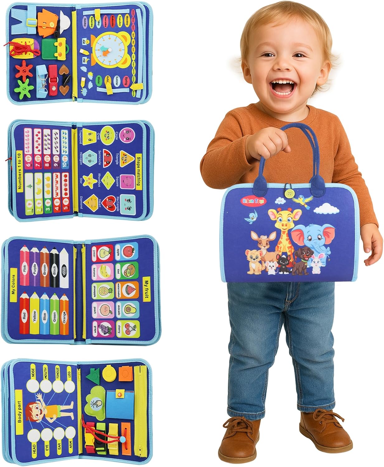 URBAN TOYS Montessori Busy Board - Ideal Busy Book Toddler Toys & Gifts for Boys & Girls, Toddler Travel Essential for Airplane & Car, Sensory Toys, Great for Baby Gifts for Boys