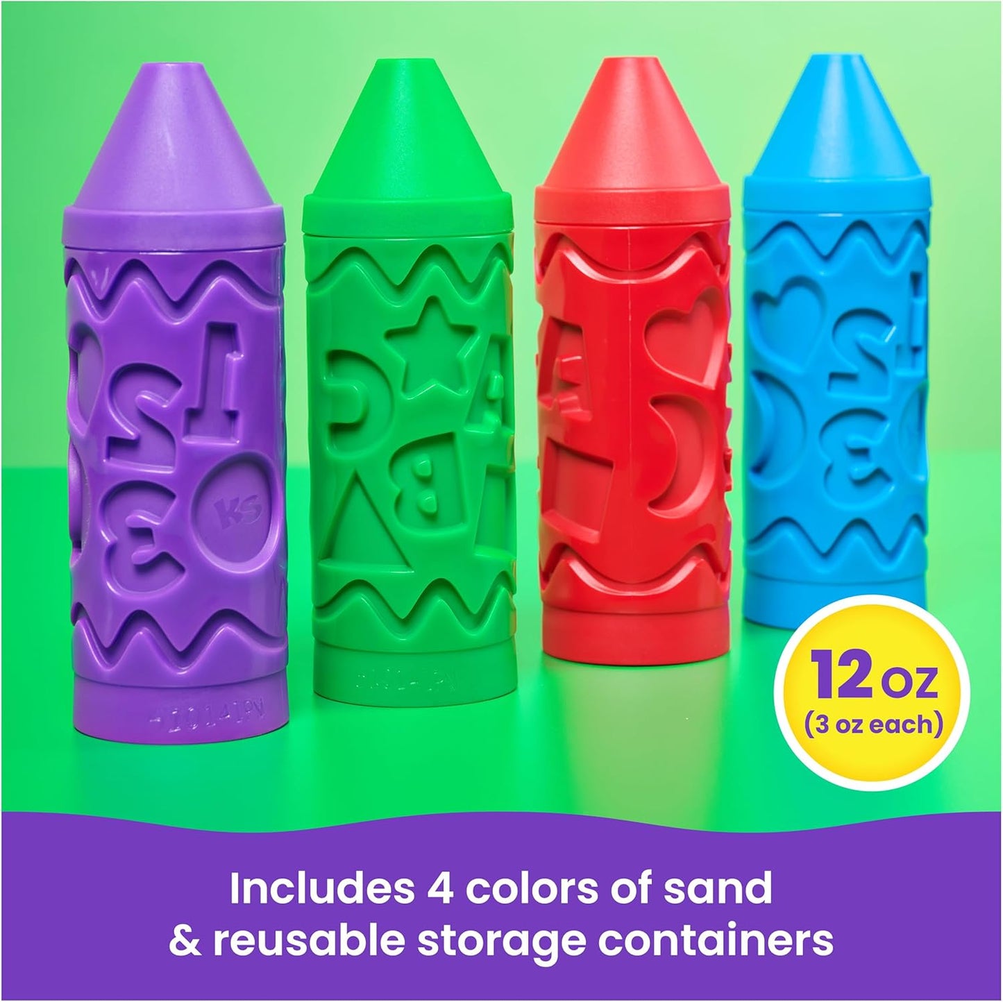 Kinetic Sand, Stamp N' Roll Crayon Multi-Pack with 12 oz Purple, Green, Blue & Red Play Sand, Toddler Toys, Arts and Crafts Kids Toys for Girls & Boys Ages 3 and up