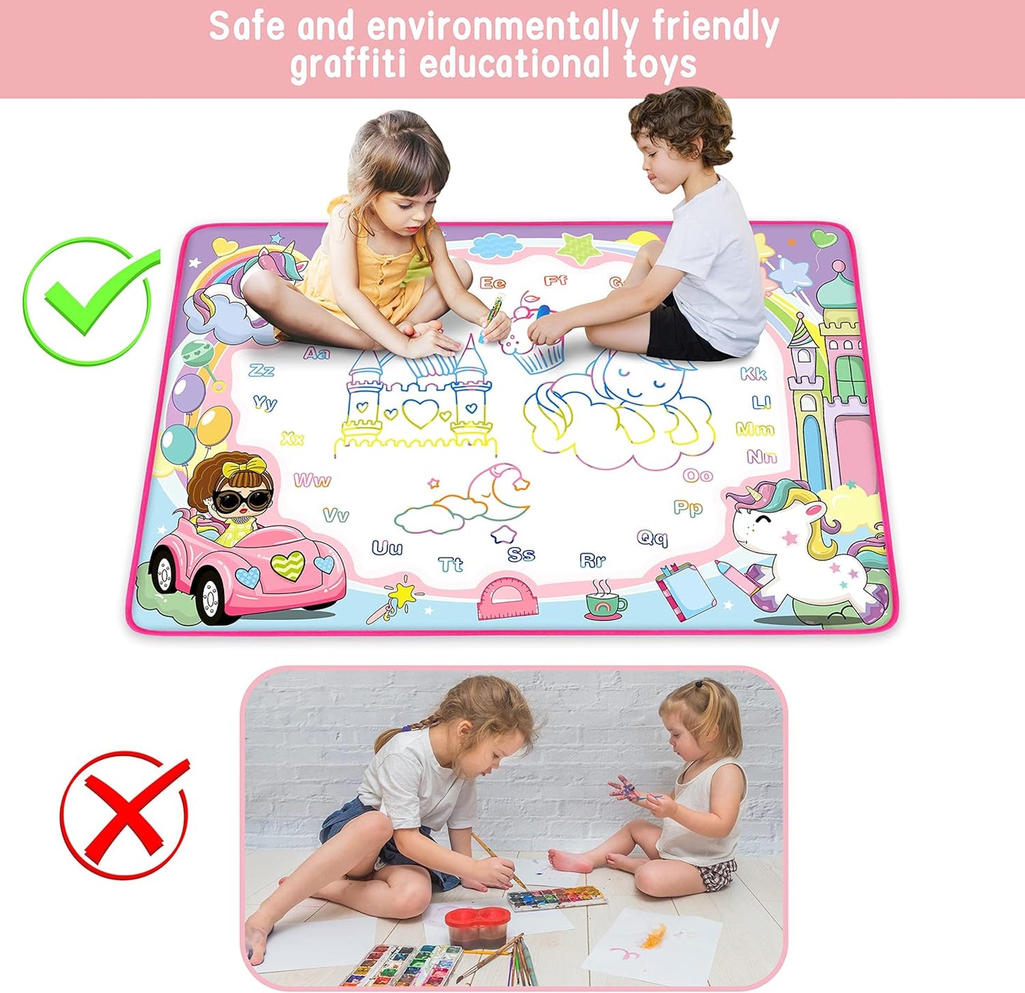 Water Doodle Mat - Kids Painting Writing Doodle Toy Board - Color Doodle Drawing Mat Bring Magic Pens Educational Toys for Age 3 4 5 6 7 8 9 10 11 12 Year Old Girls Boys Age Toddler Gift (Pink)