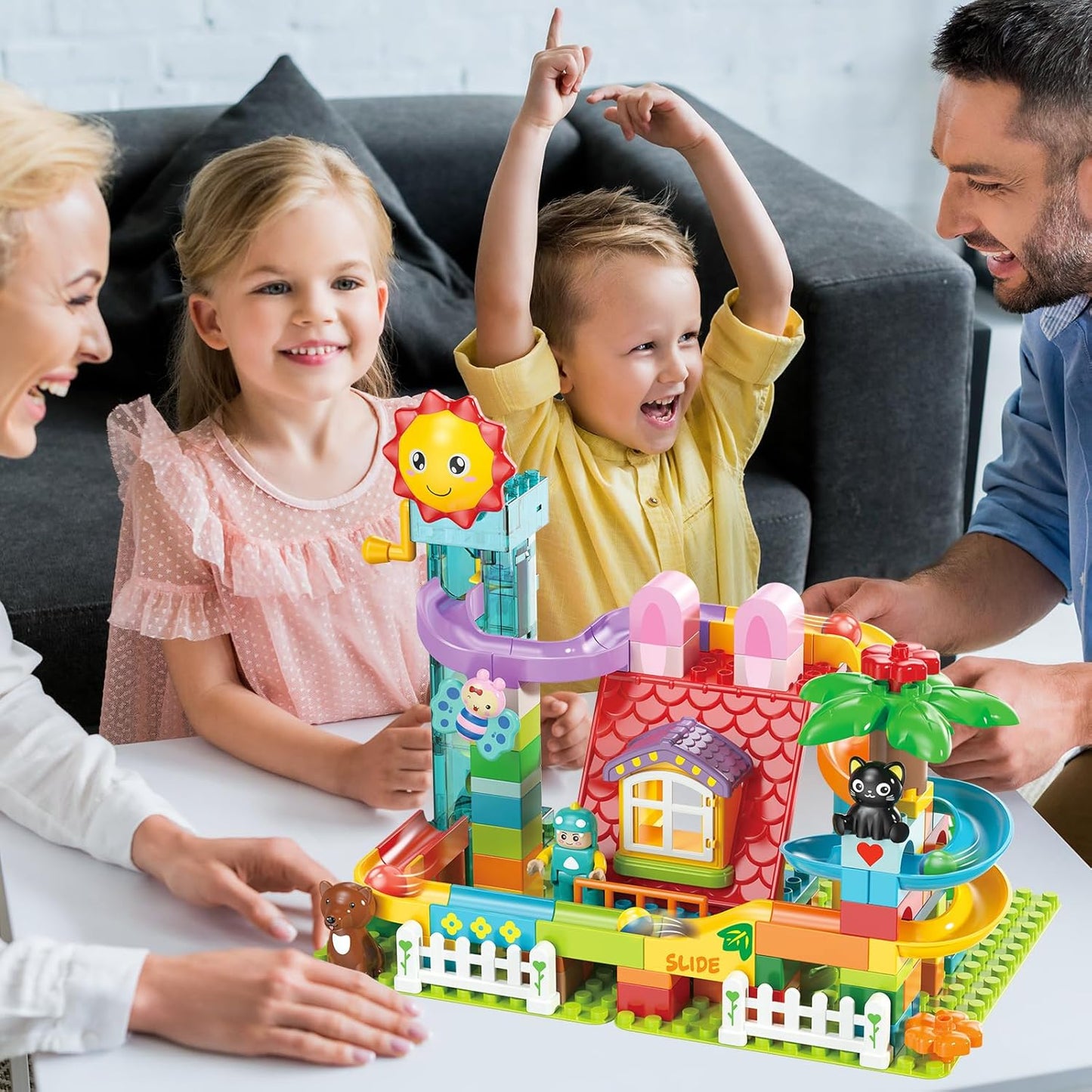 Kid Marble Run Building Blocks with Elevator Spiral Lift,Gift Toy Bricks Marble Maze Ball Race Track Set with Motorized Elevator,Big Blocks Educational STEM for 3 4 5 6 7 8 Year Old Boys Girls