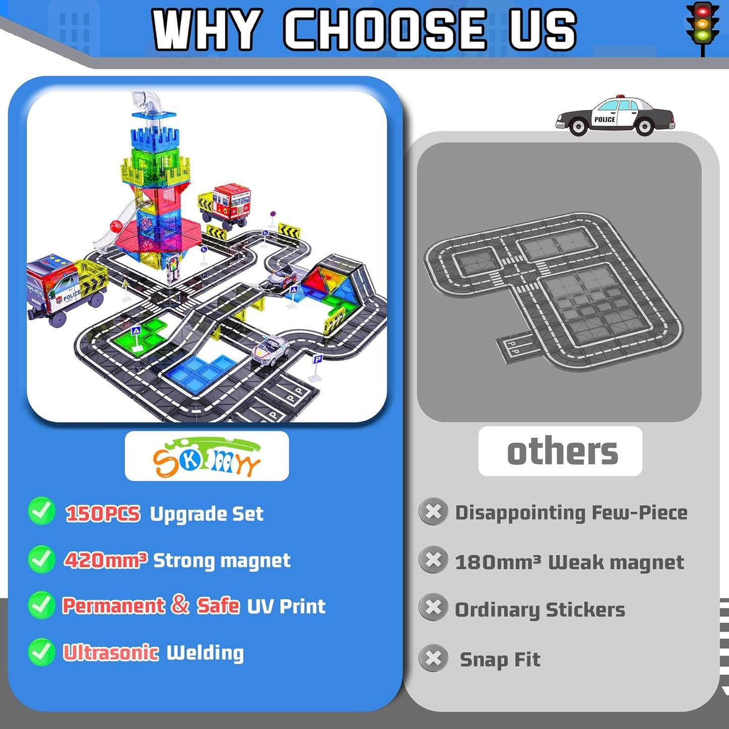150PCS Magnetic Tiles Road Set with Marble Run, Preschool Magnet Tiles Included Magnetic Cars. STEM Magnetic Tiles for Kids, Preschool Educational Building Toys for Boys & Girls