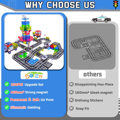 150PCS Magnetic Tiles Road Set with Marble Run, Preschool Magnet Tiles Included Magnetic Cars. STEM Magnetic Tiles for Kids, Preschool Educational Building Toys for Boys & Girls