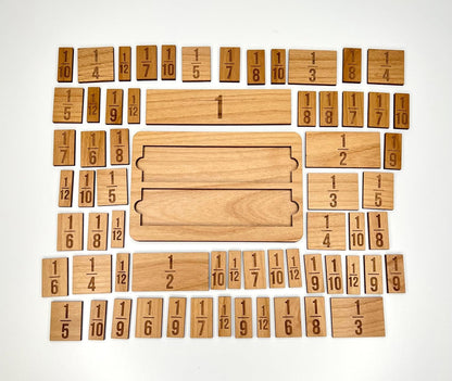 Fraction Bar Tiles and Holder - Laser Engraved Wood with 67 Tiles Plus 6 inch Holder