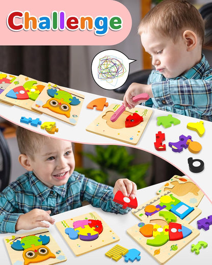 Yetonamr Wooden Toddler Puzzles Gifts Toys for 1 2 3 Years Old Boys Girls, 6 Vehicle Shape Montessori Toys Educational Blocks Kids Toys Gift Baby Learning Toy Age 1-3, 2-4