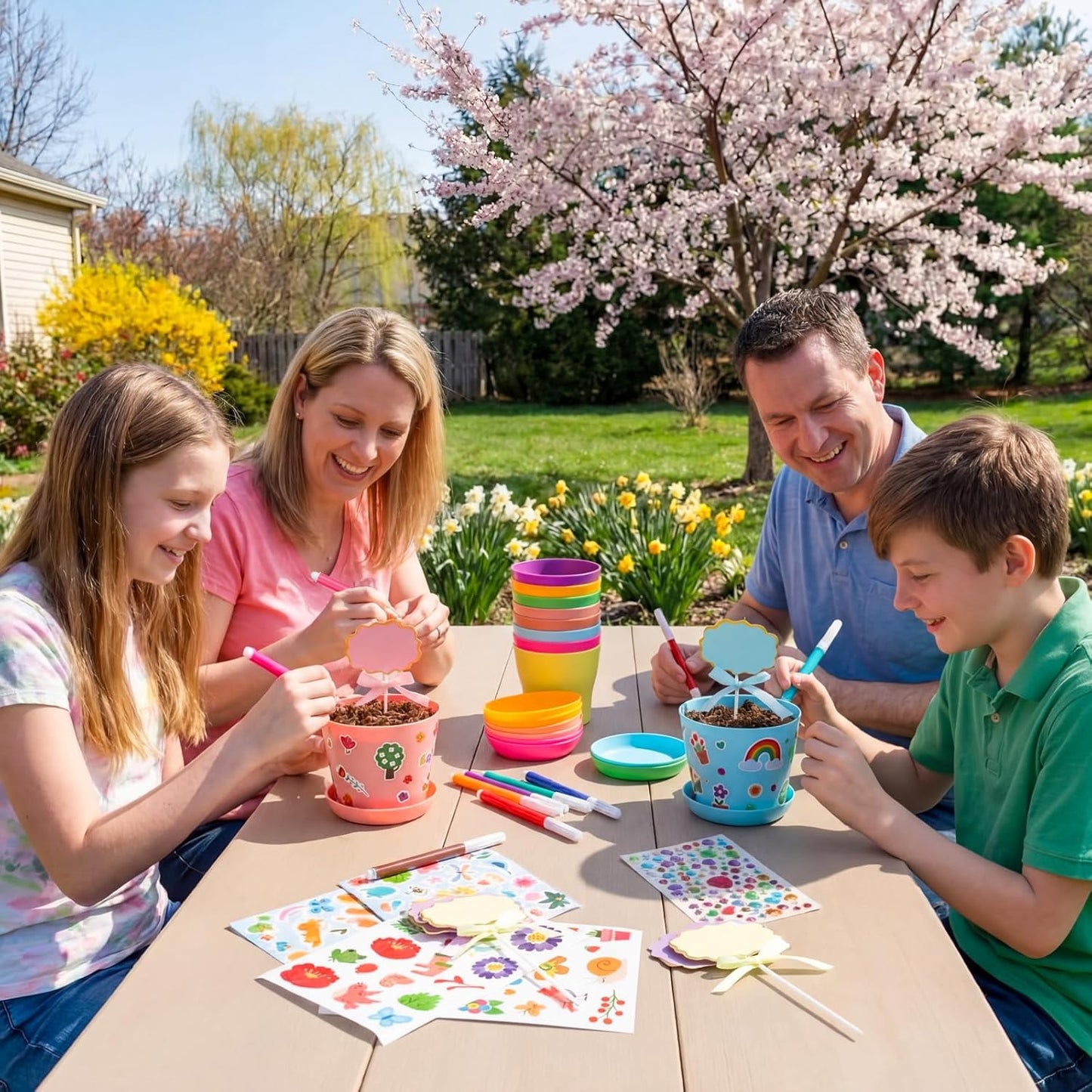 Funnymoom 48 Pcs Garden Plastic Paintable Flower Pot Craft Kit DIY Painting Flower Pots with Watercolor Stickers Pipe Cleaners Growing Kits for Home Summer Mother's Day Fun Activity (Clean)