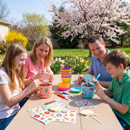 Funnymoom 48 Pcs Garden Plastic Paintable Flower Pot Craft Kit DIY Painting Flower Pots with Watercolor Stickers Pipe Cleaners Growing Kits for Home Summer Mother's Day Fun Activity (Clean)