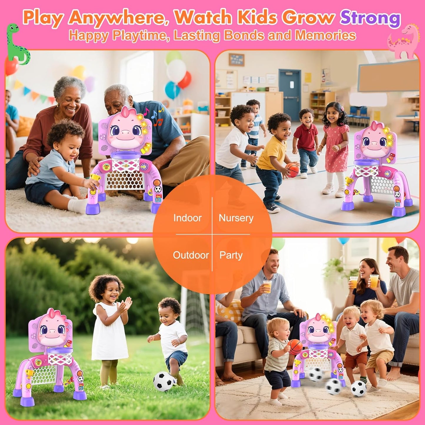 Dinosaur Kids Sports Play Toy: 4-in-1 Multifunction Indoor Outdoor Activity – Basketball Toss, Ring Throw, Ball Play & Music Lights to Improve Motor Skills, Birthday Gift for Boys Girls Age 1-3
