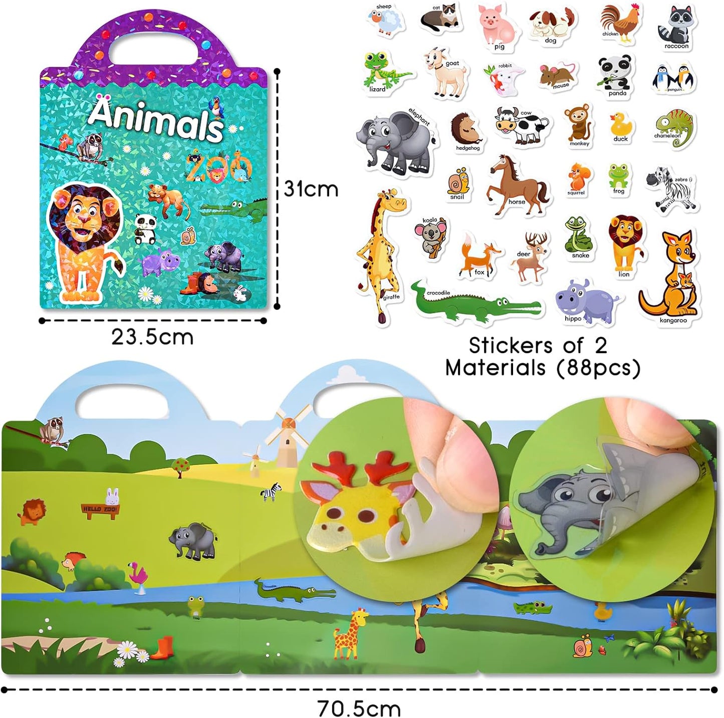ASTARON Reusable Sticker Book for Toddlers, 88 Pcs Dinosaur Stickers Road Trip Activities Car Airplane Activities Travel Toys for Kids, Kids Quiet Time Activities (2-6 Age)