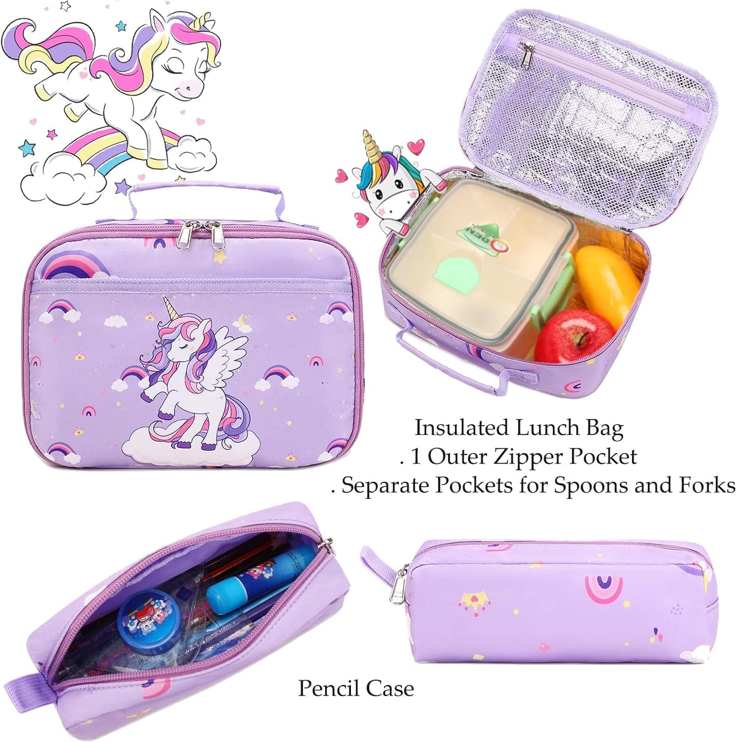 Girls Backpack for Elementary Unicorn Backpack Kids Backpack School Bookbag for Girls 3 in 1 Set Back to School