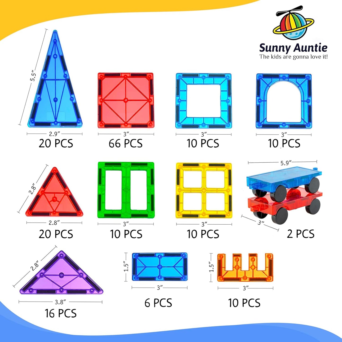 SUNNY AUNTIE Magnetic Tiles 125 PCS XL Set with Storage Bag – Magnetic Building Tiles for Kids Ages 3-8, STEM Magnet Construction Toy for Boys & Girls