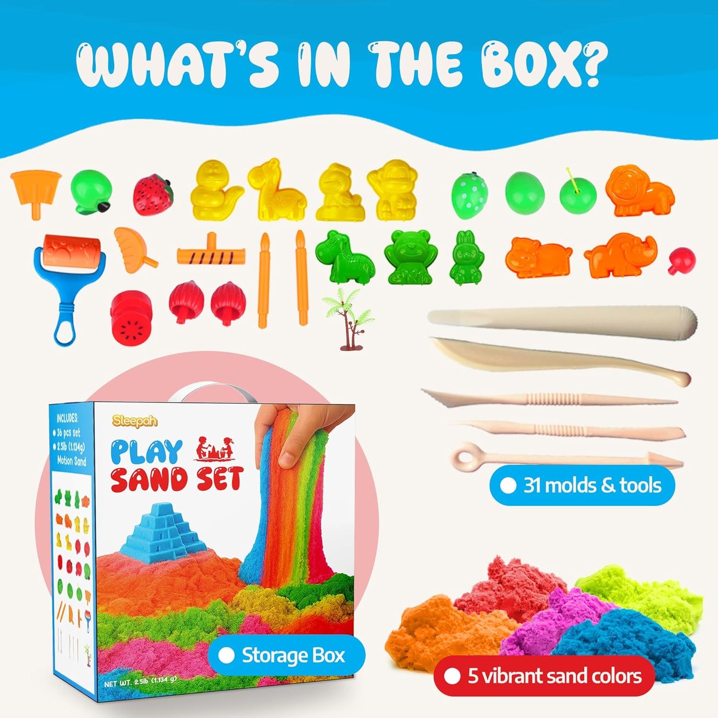 Sleepah Play Sand Sensory Sand Set for Boys & Girls Age 3 4 5 6 7 8 No Mess Never Dries Out Toy Perfect for Shaping Squeezing Scooping Rolling Molding – 36p Set 5 Colors Large Arts & Crafts Set Gift