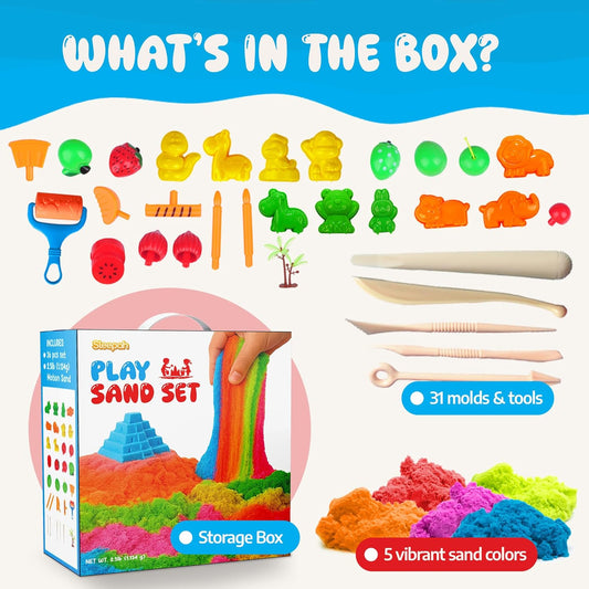 Sleepah Play Sand Sensory Sand Set for Boys & Girls Age 3 4 5 6 7 8 No Mess Never Dries Out Toy Perfect for Shaping Squeezing Scooping Rolling Molding – 36p Set 5 Colors Large Arts & Crafts Set Gift