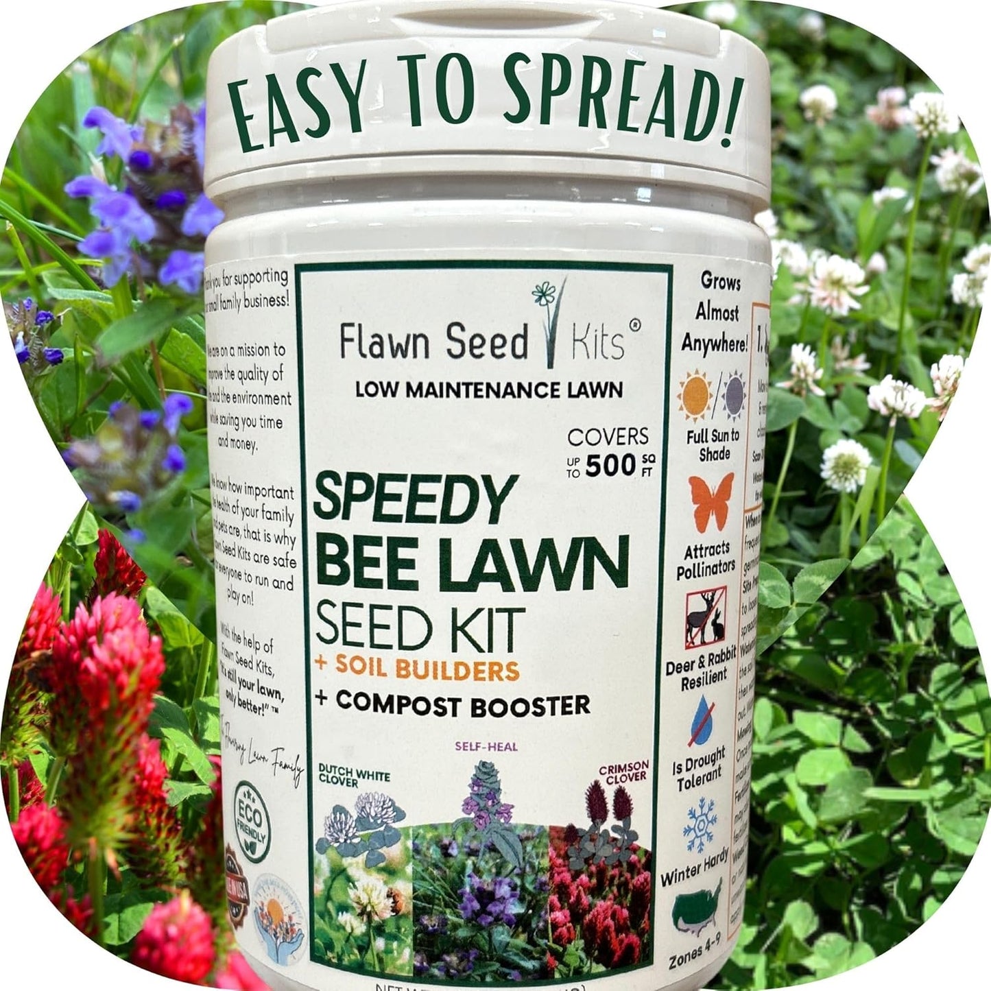 Flawn Seed Kits Speedy Bee Lawn, 500 SqFt, Dutch & Crimson Clover, Self-Heal, Easy to Spread, Low Maintenance, Pet, Kid, Eco-Friendly Regenerative