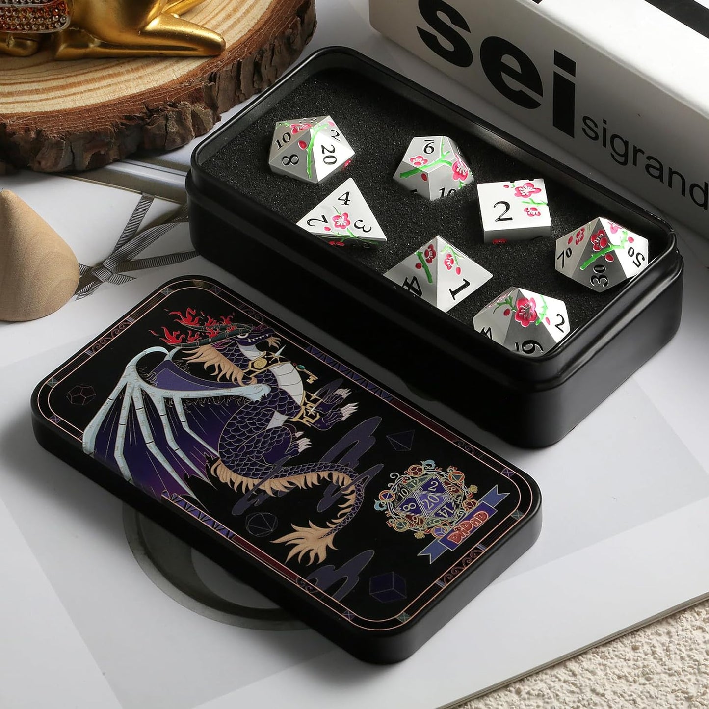 DnDnD Heavy Polyhedral Metal Dice Set with Metal Box, 7-die Shiny Blue Surface with Golden Number for RPG,Dungeons and Dragons,Pathfinder,Shadowrun,D&D,Role Palying Game and Math Teaching - Colors B