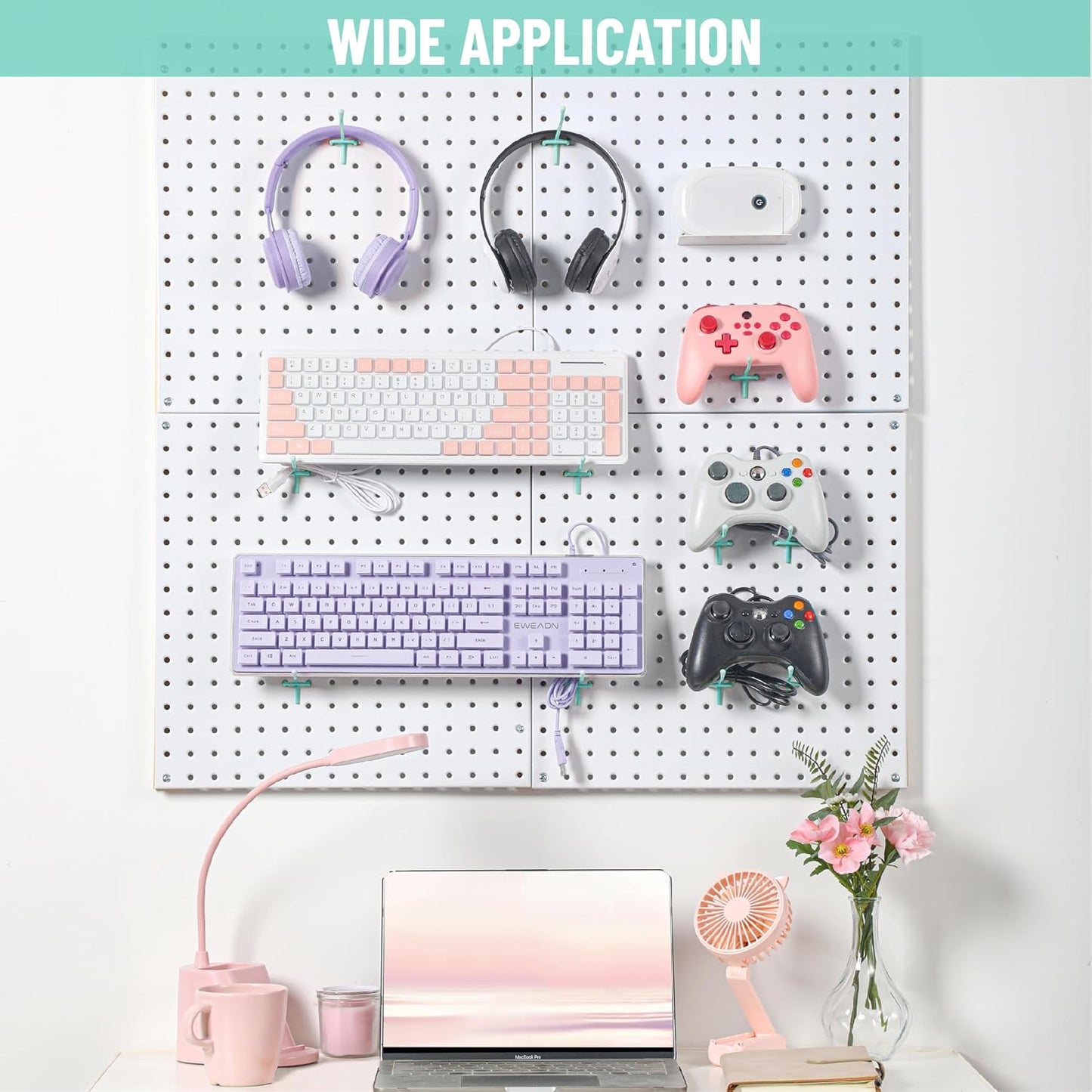 HUHOLE 50-Pack Pink Pegboard Hooks 2 Inch, Decorative Metal Peg Board Hangers with Rubber Safety Tips, Fits 1/8" & 1/4" Boards, Heavy Duty Organizer for Craft Room, Nursery, Garage & Retail Display