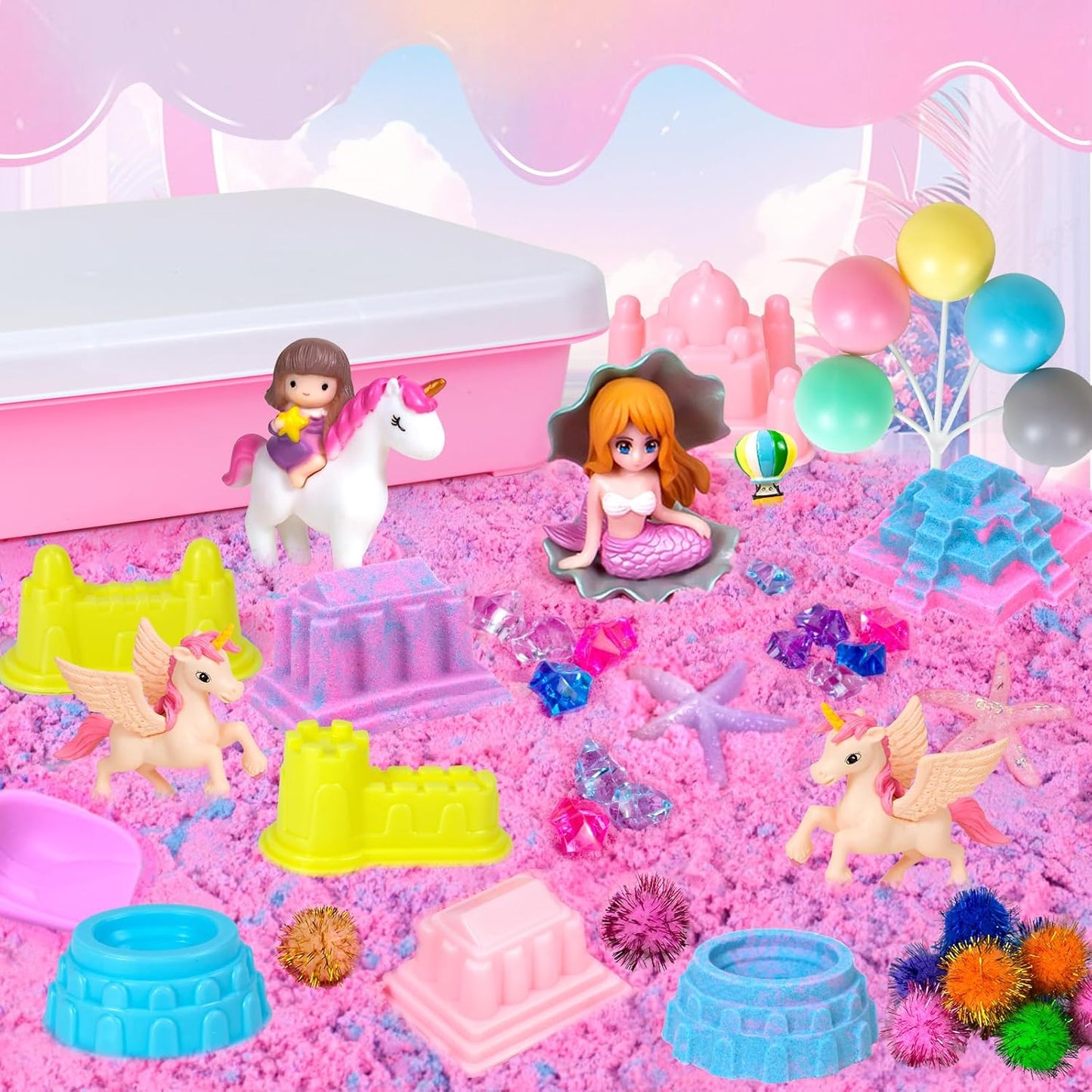 Sensory Bin, 48Pcs Unicorn Sandbox with Lid Play Sand Art Kits for Girls Toddlers Sensory Toys with Magic Sand, Unicorns, Mermaid, Cleaning Tools, Birthday Gifts for Kids Age 3 4 5 6 7 8
