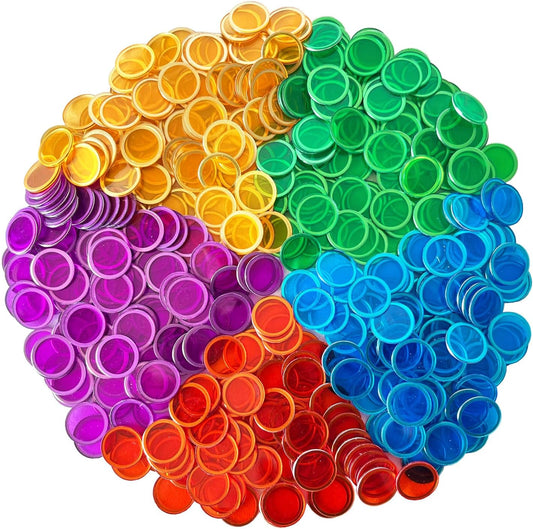 SEETOOOGAMES Magnetic Bingo Chips Counters - 500 Pieces Transparent Counting Game Chips - Clear Plastic Math Markers for Classroom - Mixed Color