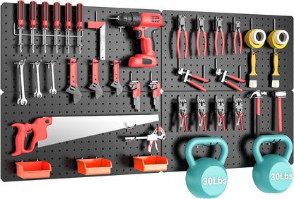 Peg Board, 112PCS Heavy Duty Metal Pegboard with Hooks, 6 Pack Black Peg Board Panels, 60lbs Load Capacity Each, Pegboard Wall Organizer for Garage, Workshop, Kitchen, Craft Rooms