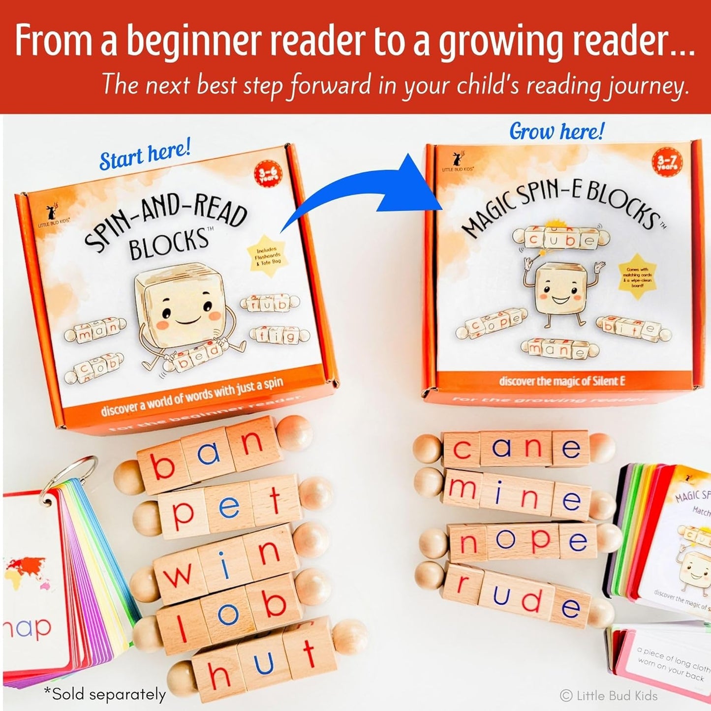 LITTLE BUD KIDS Magic Spin-E Blocks - A Silent E Phonics Toy & Montessori CVCe Reading Blocks for Kids Ages 4–7
