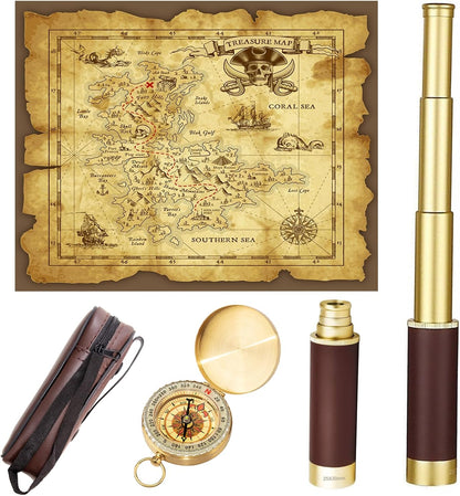 Retro Pirate Telescope Zoomable with Treasure Map 25x30 Spyglass Portable Collapsible Handheld Telescope Vintage Monocular for Kids & Survival Gear Compass Pocket Military Compass