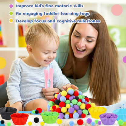 114 PCS Fine Motor Skills Sensory Bin Filler Includes 10 Sorting Bowls, 100 Pom Poms, 2 Tweezers, 2 Scooper Scissors for Kids Early Education, Counting Sorting Training Development