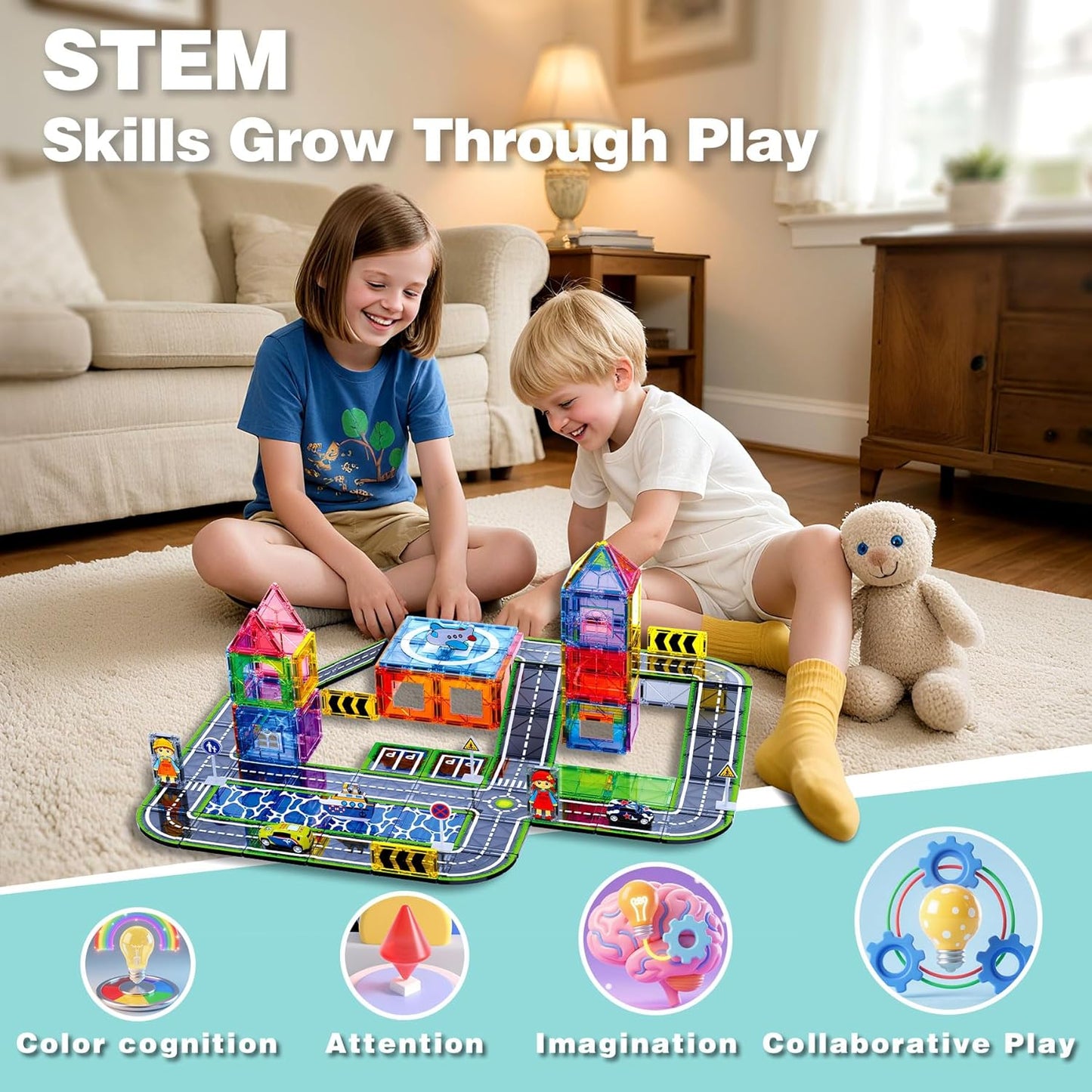 150PCS Magnetic Tiles Road Set with Marble Run, Preschool Magnet Tiles Included Magnetic Cars. STEM Magnetic Tiles for Kids, Preschool Educational Building Toys for Boys & Girls