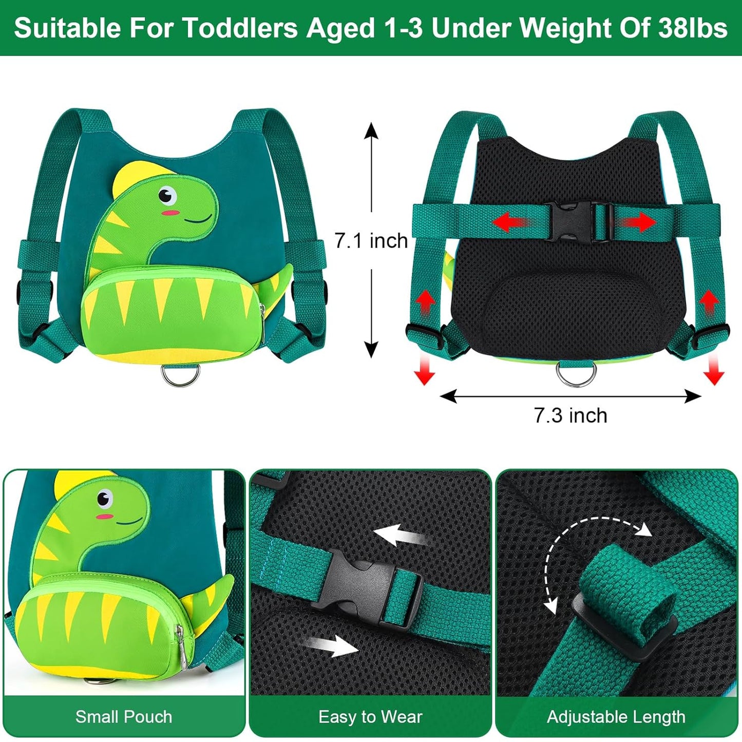 3 in 1 Toddler Harness Leash + Baby Anti Lost Wrist Link, Accmor Cute Dinosaur Child Safety Harness Tether, Kids Walking Wristband Assistant Strap Belt for Parent Boys Outdoor Activity (Black)