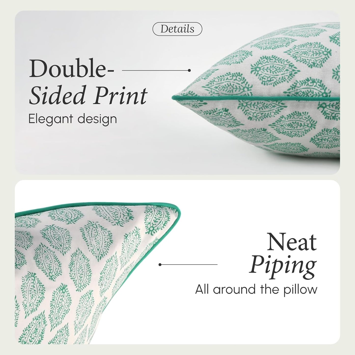 CPC 100% Cotton Throw Pillow Covers 18x18 Inch, Set of 2 Green Block Print Pattern Couch Pillow, Cute Boho Decorative Pillows for Living Room, Bedroom with Hidden Zipper- Agate Green