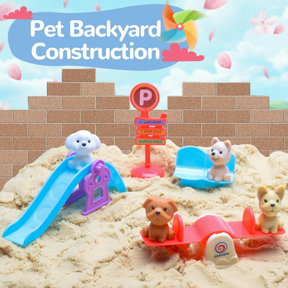 Crelloci House Building Play Sand Toys, House Mold 1.7lbs Magic Sand 4 Tools & Dog Slide Model, Construction Sensory Toy Magnetic Sand Set, Gift for Kids Boys Girls Age 3-8