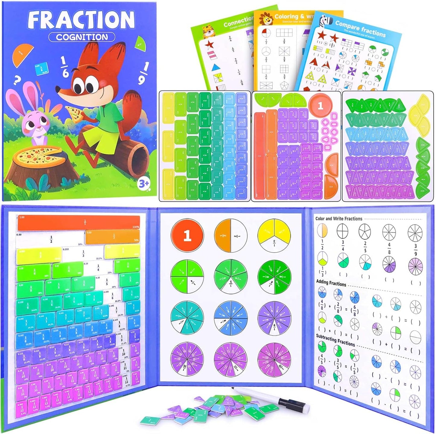 Magnetic Fraction Educational Puzzle Set, Fraction Tiles & Circles Demonstration Book, Montessori Math Manipulatives for Elementary Classroom, Hands-On Learning Tool for Fractions
