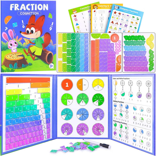 Magnetic Fraction Educational Puzzle Set, Fraction Tiles & Circles Demonstration Book, Montessori Math Manipulatives for Elementary Classroom, Hands-On Learning Tool for Fractions