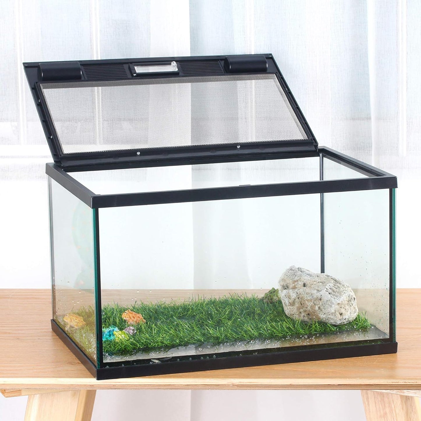 crapelles Frogs Glass Terrarium Feeding kit Tank, 15.7×11×9 inches, for Reptile Amphibians, Insect, Horned Frogs, Waterweed Prairie Style Habitat, with Green Artificial Turf Pad, Natural Volcanic Rock