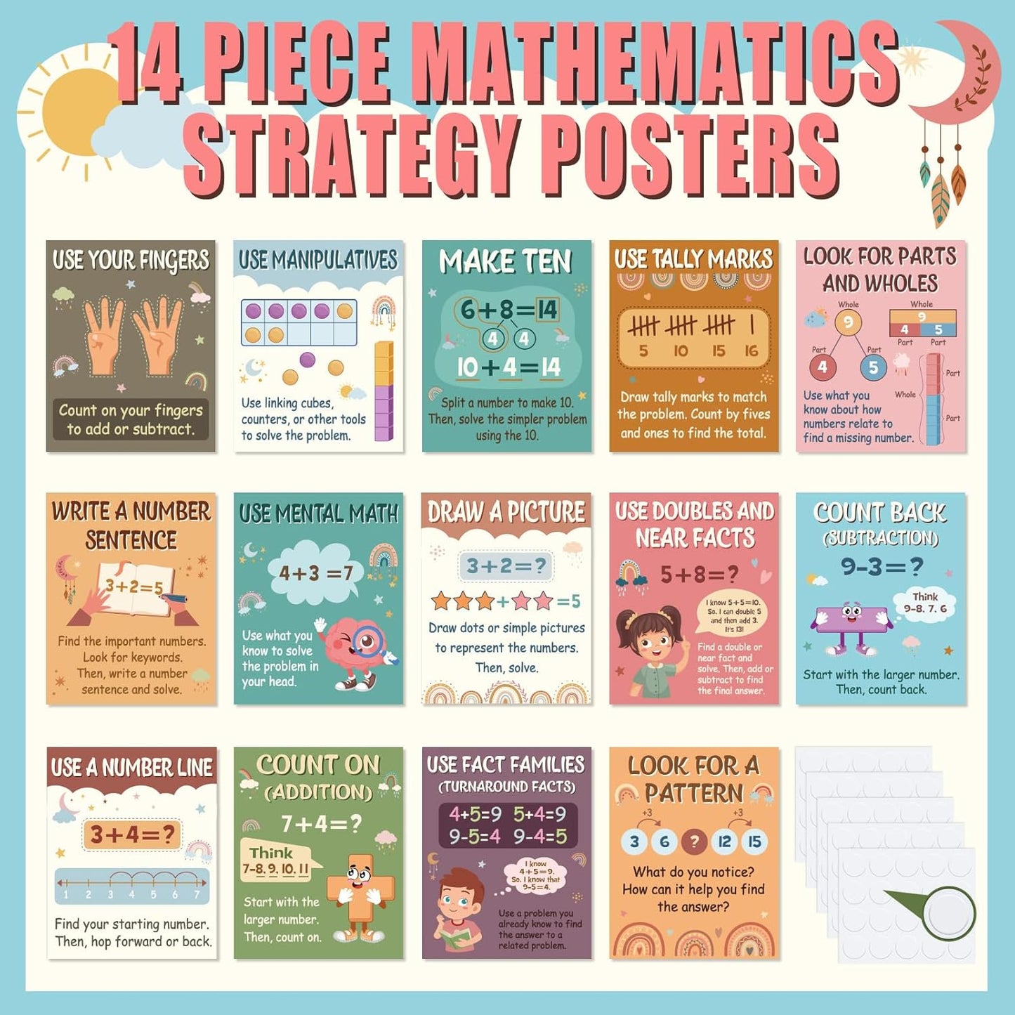 Funrous 14 Pcs Boho Mathematics Strategy Posters Educational Math Posters Counting Addition and Subtraction Math Manipulatives Bulletin Board Wall Decorations Supplies