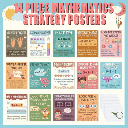 Funrous 14 Pcs Boho Mathematics Strategy Posters Educational Math Posters Counting Addition and Subtraction Math Manipulatives Bulletin Board Wall Decorations Supplies