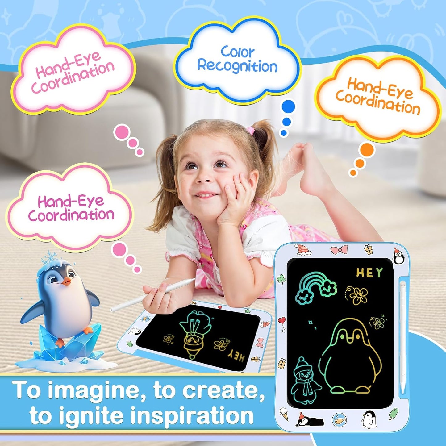 Genialba LCD Writing Tablet for Kids, Colorful Screen Drawing Board for 3-7 Year Old Boys & Girls - Educational Toys for Birthday & Christmas (Penguin)
