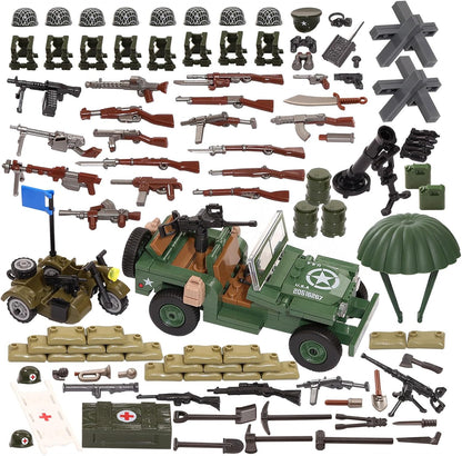 Feleph WW2 Military Vehicles Weapons Pack 282 Pieces US Army Building Block Toy Set WWII Car Tricycle Gear Helmets Vests Tools Bricks Model Compatible with Soldier Figures for Ages 6 and Up
