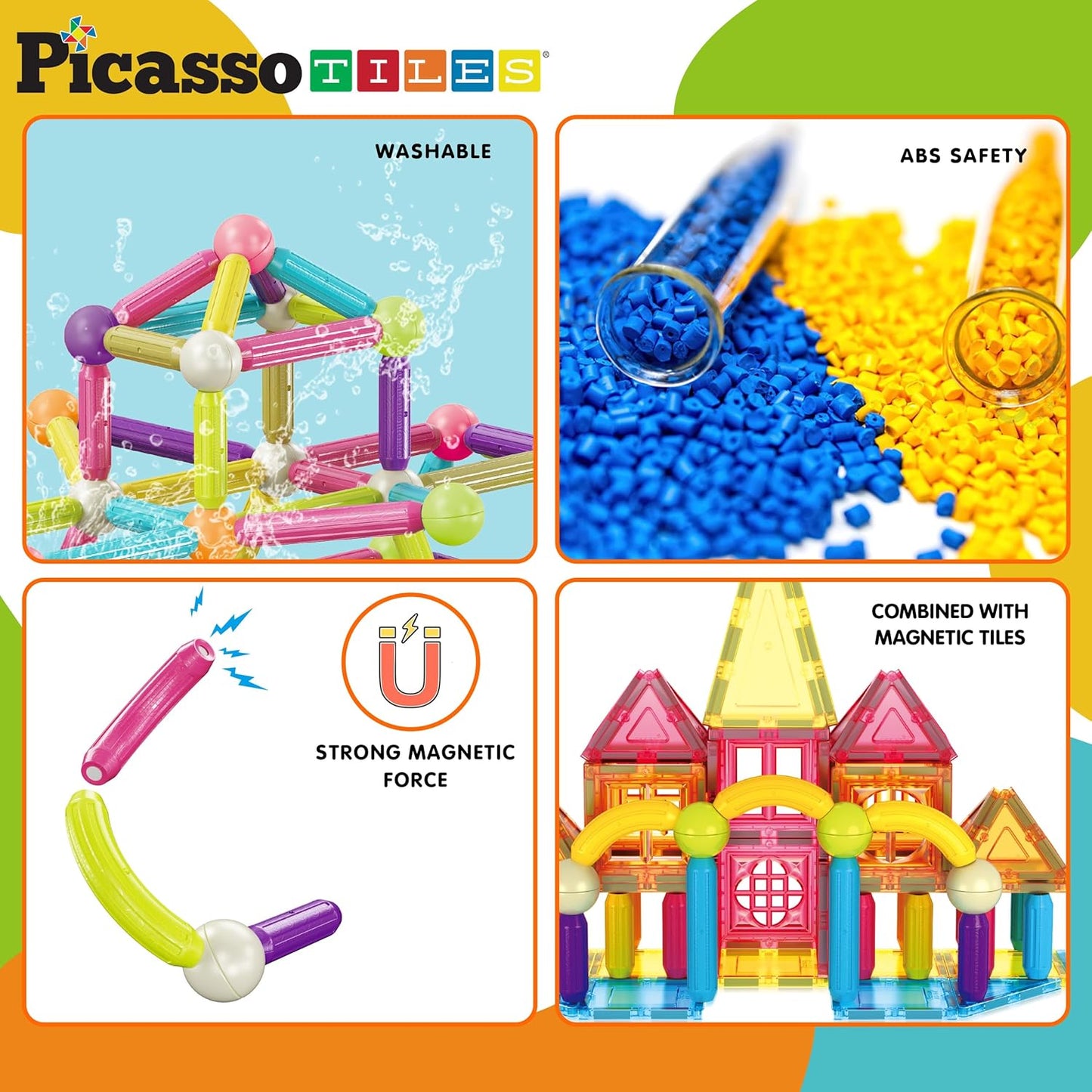 PicassoTiles 82 Piece Magnetic Sticks and Magnet Tiles Construction Building Block Toys for Toddlers, STEM Learning Toy Magnets Balls and 3+ Years Old for Boys Girls Kids Children Early Educational