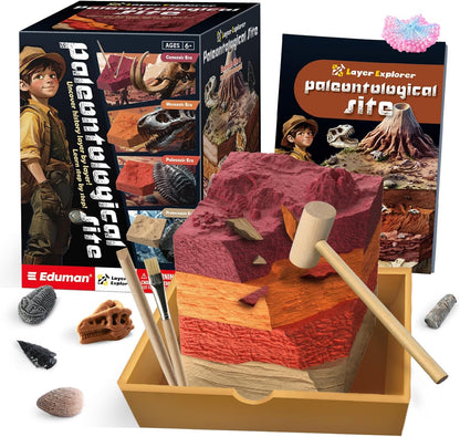 EDUMAN Paleontological Site Fossil Dig Kit for Kids, Dig Up 4 ERAS Ancient Creatures Kit, Archaeology Kits with Rocks and Minerals, Educational Stem Toy for Kids Age 6+, Birthday Gift for Boys Girls