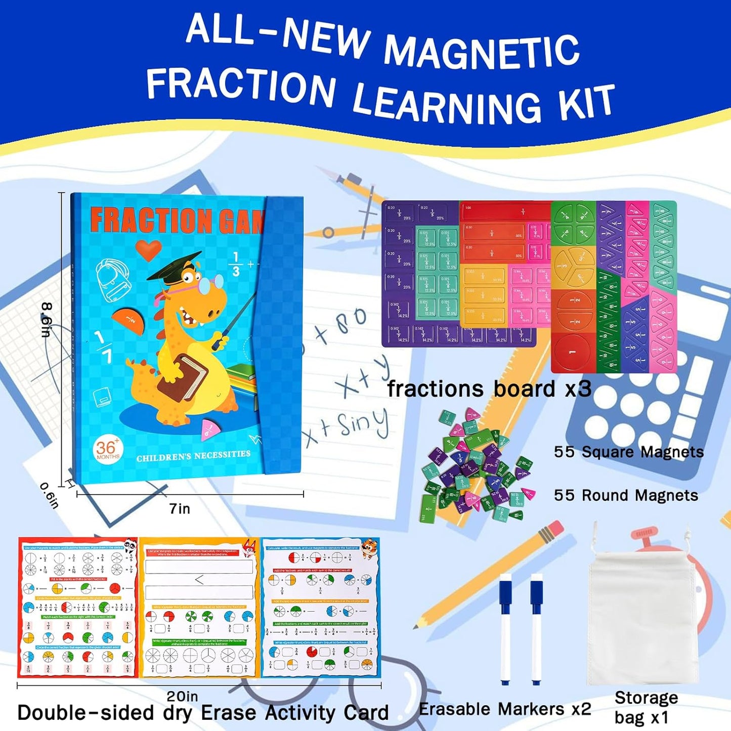 Magnetic Fraction Demonstration Book, Magnetic Fraction Tiles, Fractions Manipulatives, Score Disk Demonstrator Math Puzzle Learning Building Block Set- (2Set)