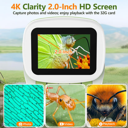 Detachable Kids Handheld Microscope Miniscope - 4K 2.0" HD Screen, 1000X Digital Pocket Toy Microscopes for Boys & Girls Ages 4-12 - Portable Science Stem Kit with Slides Set, 32G Card