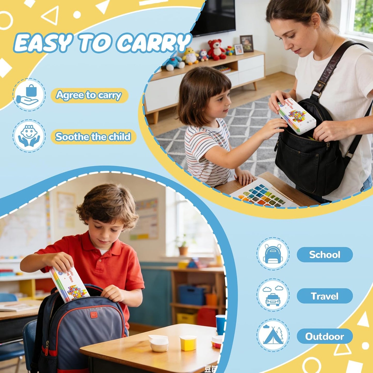 cossy Mini Magnetic Tiles, 46 PCS Magnet Tiles Travel Toys with Iron Box, Travel Magnetic Tiles for Restaurant, Car & Plane Play, Toys for 3 4 5 6 7 8 Year Old Boy and Girl