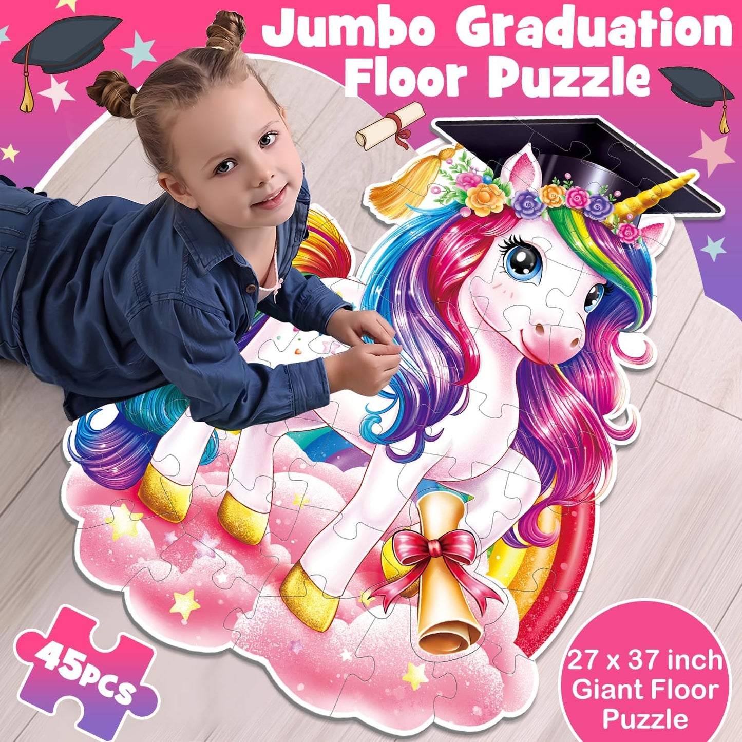 Snowman Floor Puzzle for Kids Age 4-8, 45PCS Jumbo Christmas Jigsaw Puzzle, Large 25.6" x 36.2" Winter Puzzle with Poster, for Kid Boy Girls