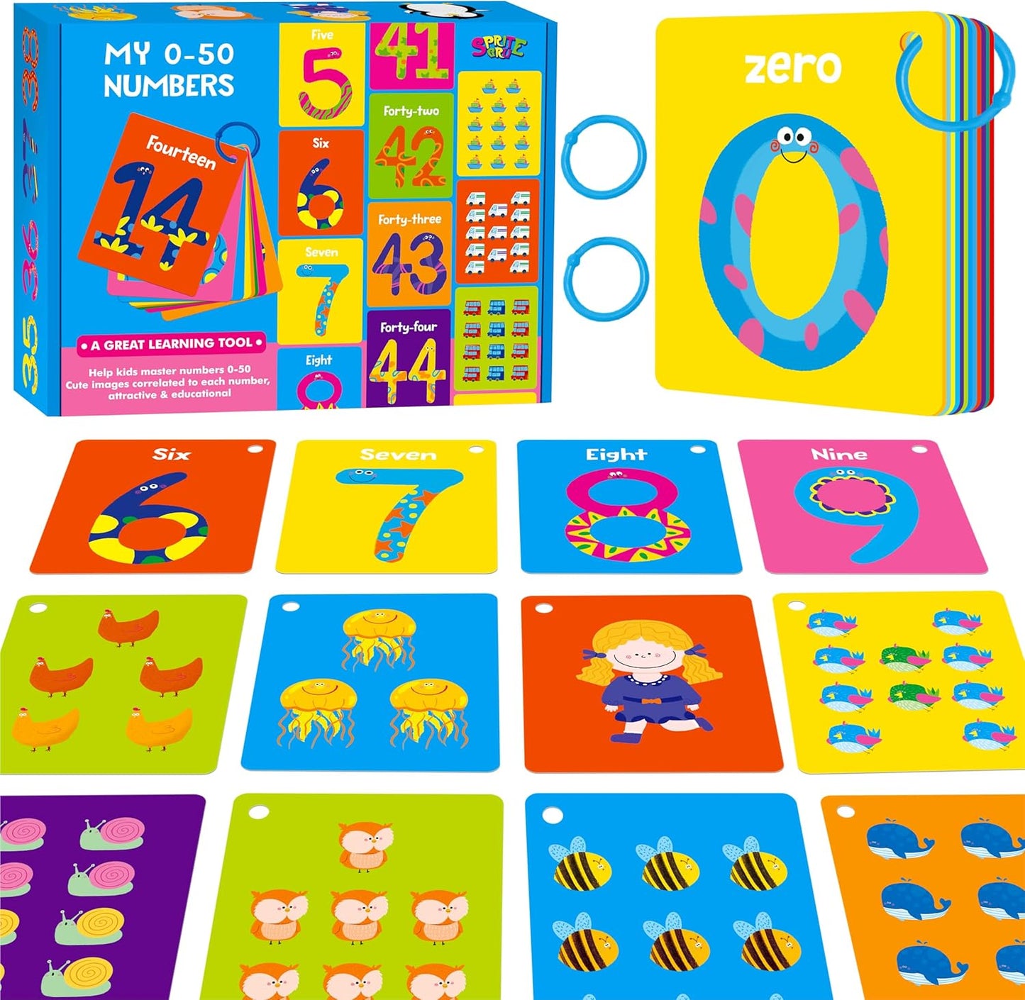 50 PCS Kid First Cognitive Flashcards,Double Sided Printed 7 in 1 Colorful Cards Alphabet,Numbers, Foods,Animals,Shapes,Colors with 3 Reclosable Rings,Learning Tool for Pre-K Kindergarten Toddlers