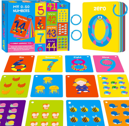 50 PCS Kid First Cognitive Flashcards,Double Sided Printed 7 in 1 Colorful Cards Alphabet,Numbers, Foods,Animals,Shapes,Colors with 3 Reclosable Rings,Learning Tool for Pre-K Kindergarten Toddlers