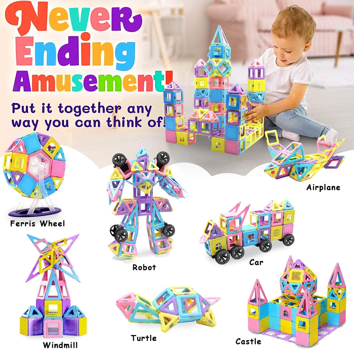 Tolnetr Magnetic Tiles Toys for 3 4 5 6 7 8+ Year Old Boys Girls Upgrade Macaron Castle Blocks Building Set for Toddlers STEM Creativity/Educational Toys for Kids Age 3-6 Christmas Birthday Gifts