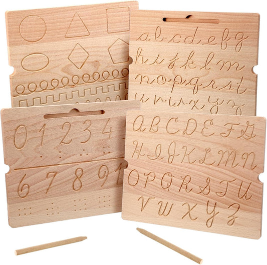 MotiMind 2 Pcs Wood Cursive Alphabet Number Tracing Board Montessori Letter Tracing Board Writing Tools Double Sided with Wooden Pen Letter Tracing Learn to Write for Boys Girls Preschool Classroom