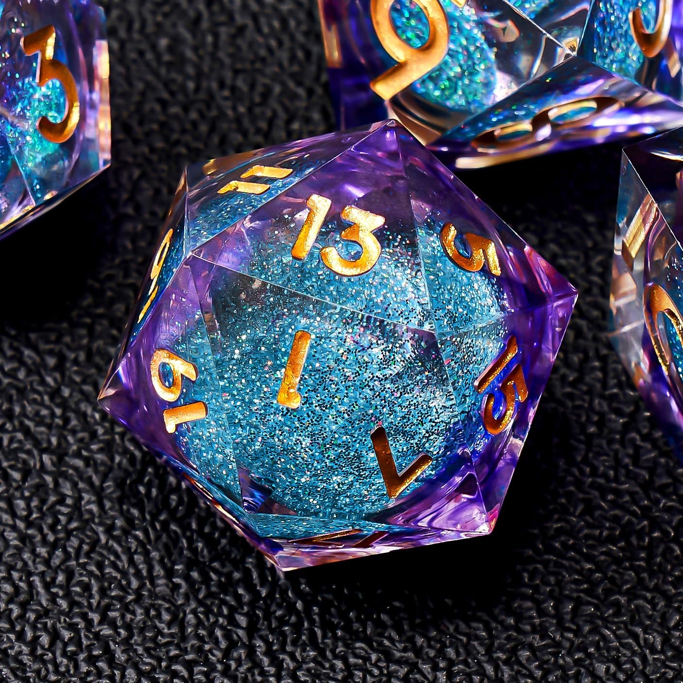 Liquid Core DND Dice Set, 7pcs Sharp Edge Dice for Role Playing Dungeons and Dragons Ttrpg with Gift Box, Handmade Resin D&D Dice RPG Role Playing Games Dice Set(Blue Gold)