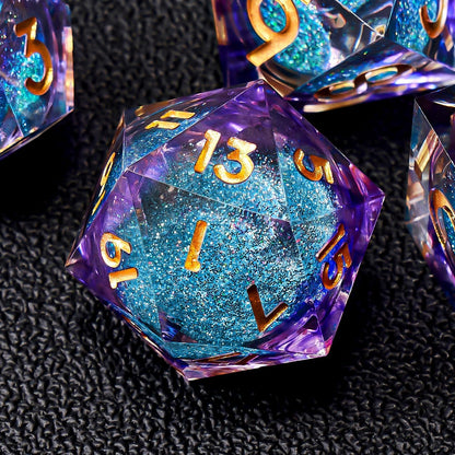 Liquid Core DND Dice Set, 7pcs Sharp Edge Dice for Role Playing Dungeons and Dragons Ttrpg with Gift Box, Handmade Resin D&D Dice RPG Role Playing Games Dice Set(Blue Gold)